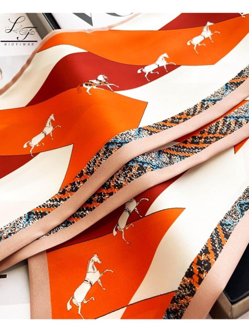 Women's Orange Printed Square Headscarf Bandanas Hair Scarf Neck Scarves - Picture 4 of 5